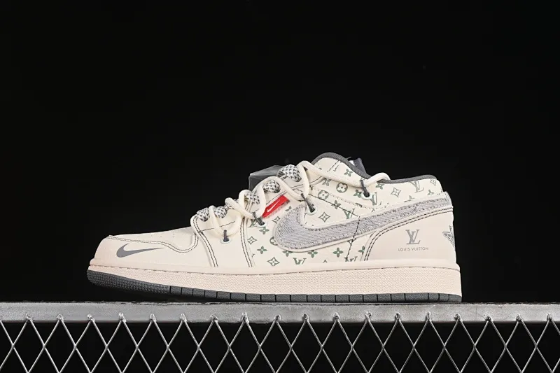 All categories Air Jordan Jordan series basketball shoes Air Jordan 1 Low High-end customized low-top sneakers Air Jordan 1 Low AJ1 Joe 1 LV joint gray cloth hook drawstring High-end customized low-top retro basketball shoes YX5066-357